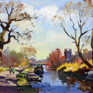 A vibrant painting depicting a serene riverside landscape with people strolling, trees, and boats under a blue sky with fluffy clouds. By Joseph Maxwell Stuart